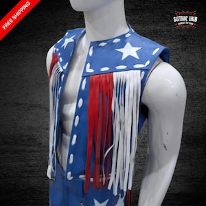 Customized American Flag Leather Fringe Vest, Unisex Western Style, Handmade Genuine Leather, Patriotic Festival Wear, All Sizes Available