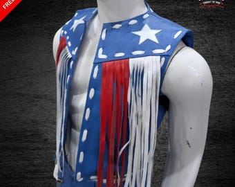 Custom American Flag Leather Fringe Vest: Unisex Western Style