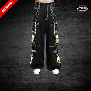 Gothic Bondage Black Lime Big Skull Men Pants , Men's Gothic Threads , Black Gothic Baggy Jeans Punk Trousers , Gothic trip Pants