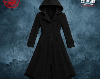 Handmade Hooded Gothic Trench Coat: Black Cotton Wool Steampunk Vampire Costume