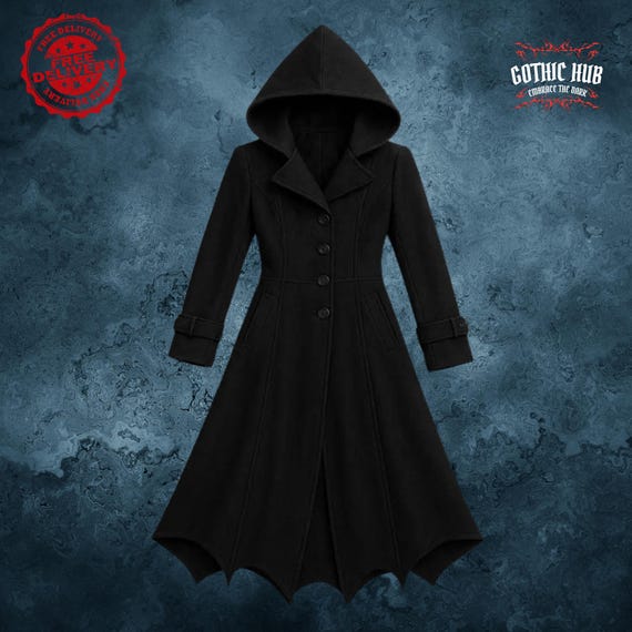 Handmade Hooded Gothic Trench Coat: Black Cotton Wool Steampunk Vampire Costume