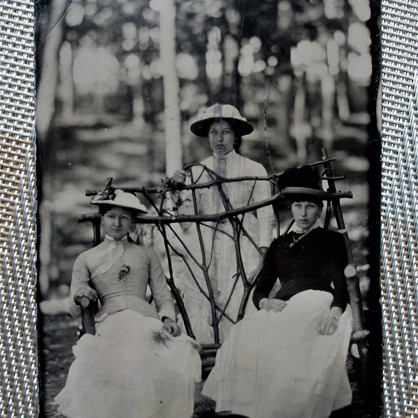 Quarter Plate Tintype ~ Three Young Ladies in Park