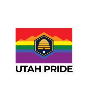 May include: A sticker with a rainbow flag design featuring a beehive symbol and the text "UTAH PRIDE".