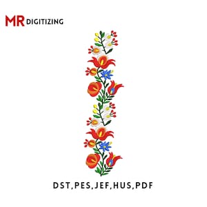 May include: A vertical floral embroidery design featuring red, orange, blue, and white flowers with green leaves. The design is on a white background. The text "MR DIGITIZING" is at the top left, and "DST, PES, JEF, HUS, PDF" is at the bottom.