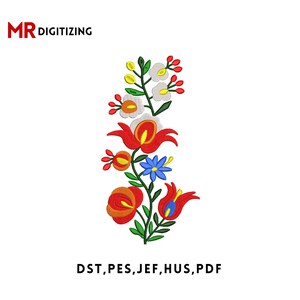 May include: A vibrant floral embroidery design with red, orange, white, and blue flowers and green leaves. The design is vertical and includes the text "MR Digitizing" at the top and "DST, PES, JEF, HUS, PDF" at the bottom.
