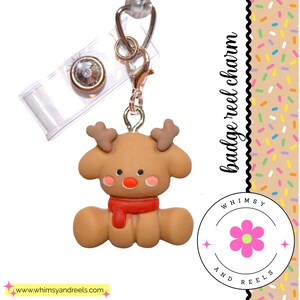 BADGE REEL CHARM, Christmas Reindeer Snowman, Id Charm, Zipper Pull, Purse Charm, Badge Accessory, Nurse/Teacher/Professional