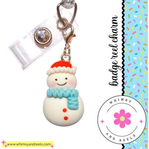 BADGE REEL CHARM, Winter Christmas Snowman, Id Charm, Zipper Pull, Purse Charm, Badge Accessory, Nurse/Teacher/Professional