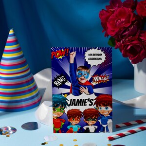 Modelo de convite de aniversário de super-heróis editável, convite para festa de aniversário para impressão, modelo de convite para festa infantil, cartão de aniversário de super-herói
