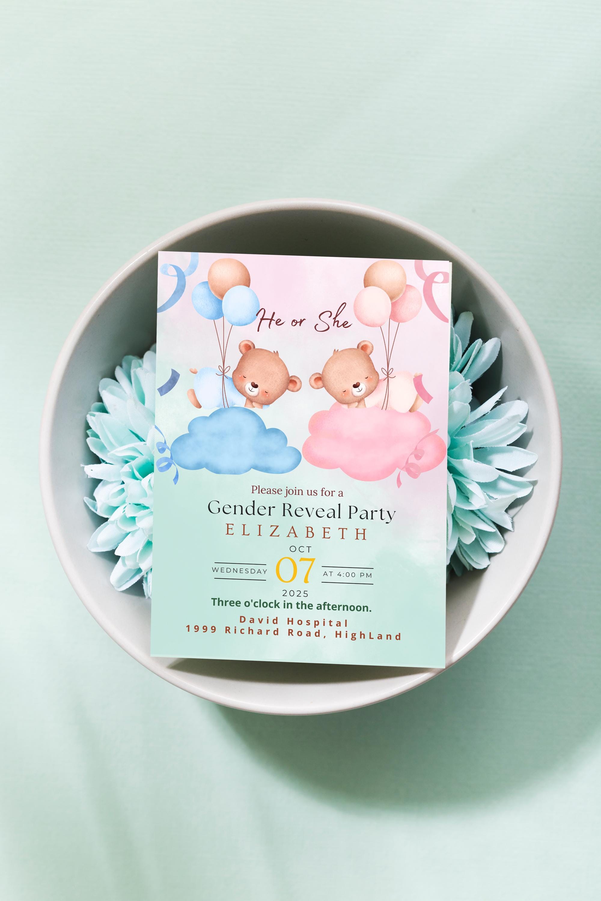 Gender Reveal Invitation Editable Template, He or She Vintage Baby Clothes E-Invitation Party, Digital Pink Blue Baby Clothesline Invite DIY