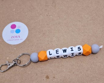 Personalised Keyring Silicone, Back to School Nappy Bag Charm, Beaded Keyring ,Custom Name Tag