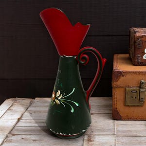 Vintage Bavarian Ceramic Pitcher Schenna  – Hand-Painted Red & Green Folk Art Jug  Rustic German Décor Vase  25% OFF – Only 3 Days Left.
