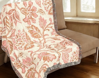 Indian Block Print Floral Woven Throw Blanket, Boho Coastal Cotton Blanket, Botanical Cottage Throw, Heirloom Style Sofa Decor