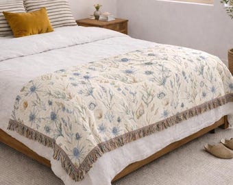 Woven Cotton Coastal Botanical Throw Blanket, Sage Blue Cottage Tapestry, Beach House Decor