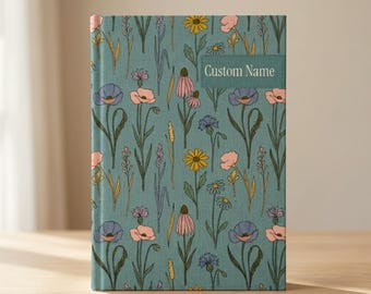 Gepersonaliseerde bloemendagboek, linnenlook hardcover notitieboek, aangepaste naam mat dagboek, botanisch dagboek cadeau voor haar