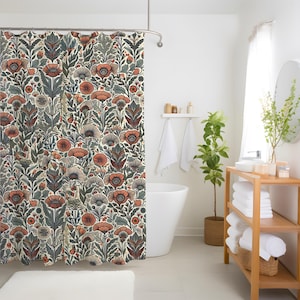 Boho Floral Shower Curtain Botanical Bath Decor Cottagecore Bathroom Decor Vintage Style Flower Curtain Housewarming Gift for Home