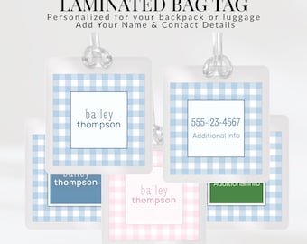 Gingham Laminierte Buch Taschenanhänger Benutzerdefinierte Namensschild für Schule Kindertagesstätte Personalisiertes Set von Namensschilder für Sport Reisegepäck ID