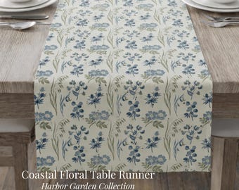 Coastal Botanical Table Runner: Blue Green Floral Cottage Decor