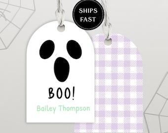 Personalized Halloween Favor Tags Arch Shaped Ghost Boo Tags 2.75x4 Gingham Back Treat Bag Tags for Kids Class Party Gifts Trick or Treat