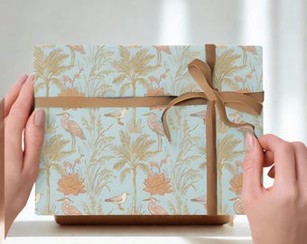 Coastal Botanical Gift Wrap with Birds & Palms Vintage Tropical Wrapping Paper Matte or Glossy Beachy Neutral Gift Wrap