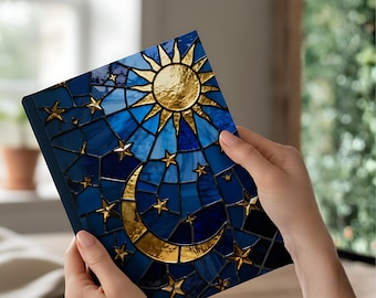 Diario Celestial del Sol y la Luna, Cuaderno de Vitral Azul, Diario de Tapa Dura o Espiral de la Noche Estrellada Lunar, Diario de Escritura Celestial Boho