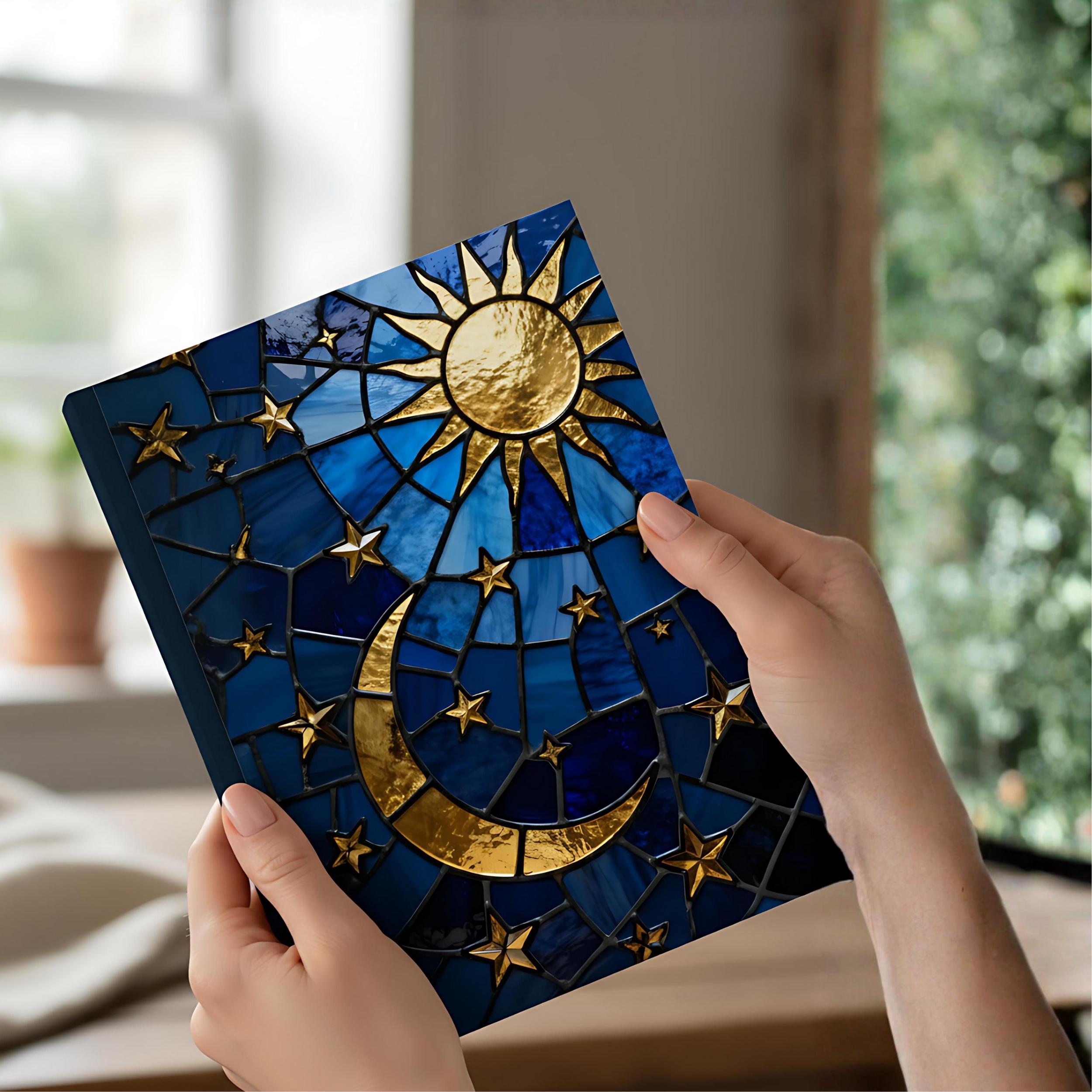 Celestial Sun and Moon Journal, Blue Stained Glass Notebook, Lunar ...