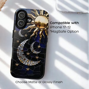 Dark blue aesthetic iPhone case with celestial stained glass artwork