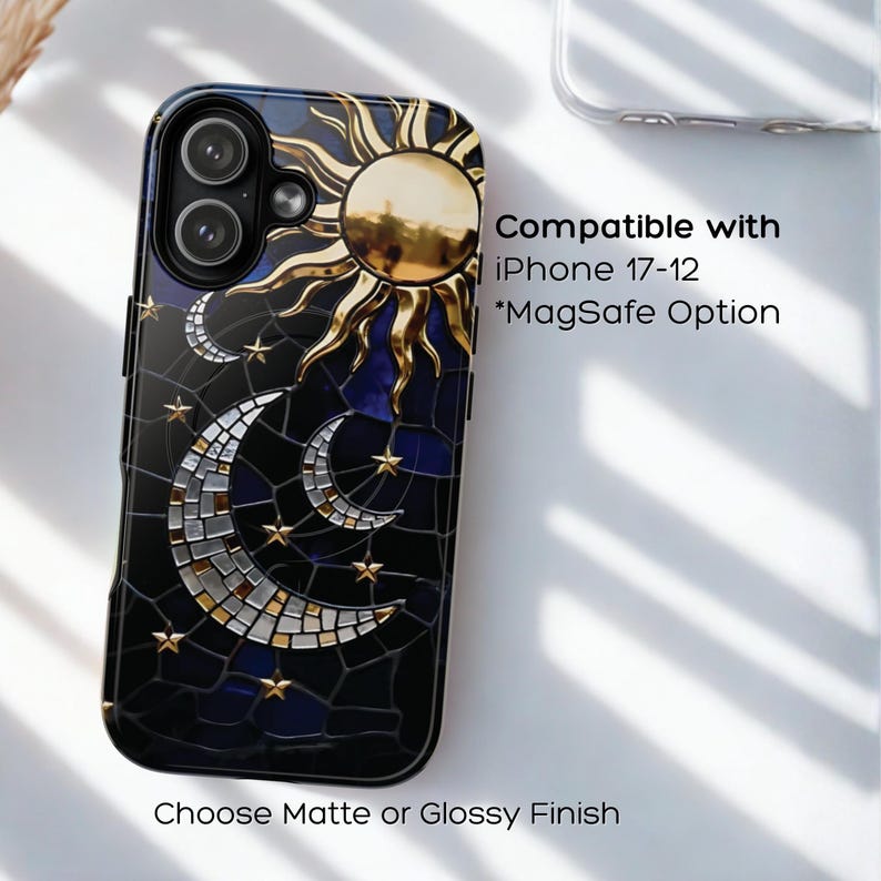Dark blue aesthetic iPhone case with celestial stained glass artwork