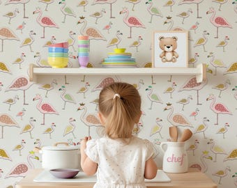 Whimsical Bird Wallpaper - Girl Room Coastal Decor Removable Playroom Peel and Stick Temporary Wallpaper Pastel Boho Stork Pattern