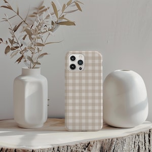Beige Gingham iPhone Case, Preppy Phone Cover