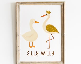 Muurkunstset kinderkamer: prints van gekke gans en kraanvogel - genderneutraal