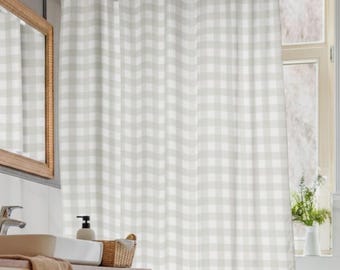 Neutraal gingang-douchegordijn, beige geruit badkamerdecor, preppy kustbadgordijn aan de kust, minimalistische cottagecore-badkamer