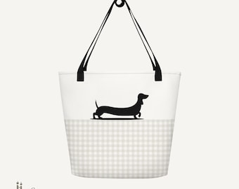 Bolso de mano con estampado de perro salchicha, bolso de mano de cuadros neutros, bolso de mano con estampado de perro salchicha, regalo para amantes de los perros, bolso de mano estilo preppy, bolso de viaje, bolso de mano para el día a día.