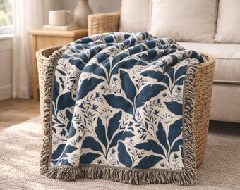 Woven Coastal Botanical Throw Blanket – Indigo Leaf Cotton Blanket, Modern Coastal Decor, Navy Botanical Throw, Sofa or Bed Accent
