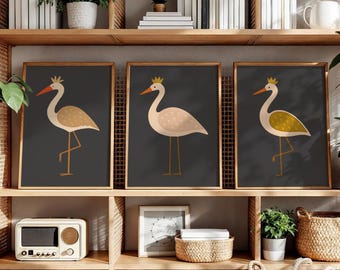 Bird Wall Art Set: Whimsical Crane Prints on Black Background, Maximalist Decor