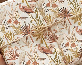 Tropical Bird Gift Wrap – Botanical Palm & Coral Print