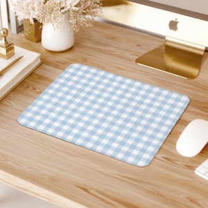 Powder Blue Gingham Mouse Pad, Cute Minimalist Desk Decor