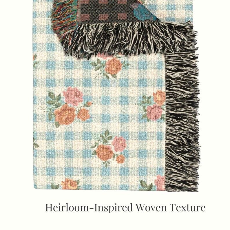 Vintage botanical woven throw blanket with pink floral motifs and soft gingham pattern