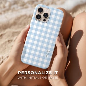 Powder Blue Gingham Personalized Phone Case, Custom Monogram Initials, Preppy Coastal MagSafe Cover for iPhone Samsung Pixel