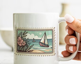 Vintage Postage Stamp Coffee Mug: Coastal Sailboat Retro Design
