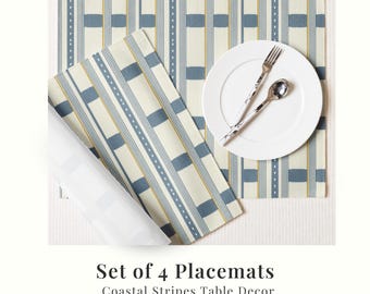 Coastal geometrische placemats set van 4 linnen look tafelmatten blauw mosterd eetkamer decor moderne kust keuken waterbestendig
