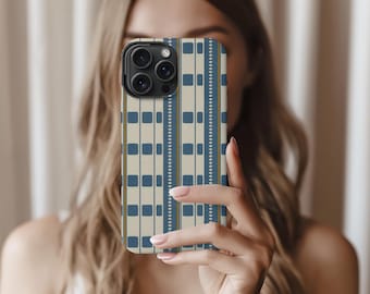 iPhone-hoesje kuststreep, linnen look blauw crème telefoonhoesje, preppy stoere stoere hoes kust, minimalistische MagSafe iPhone-hoes