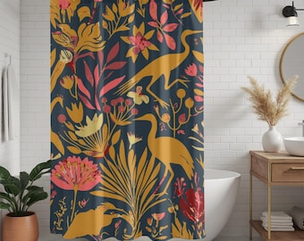 Botanical Crane Shower Curtain: Eclectic Boho Bath Decor