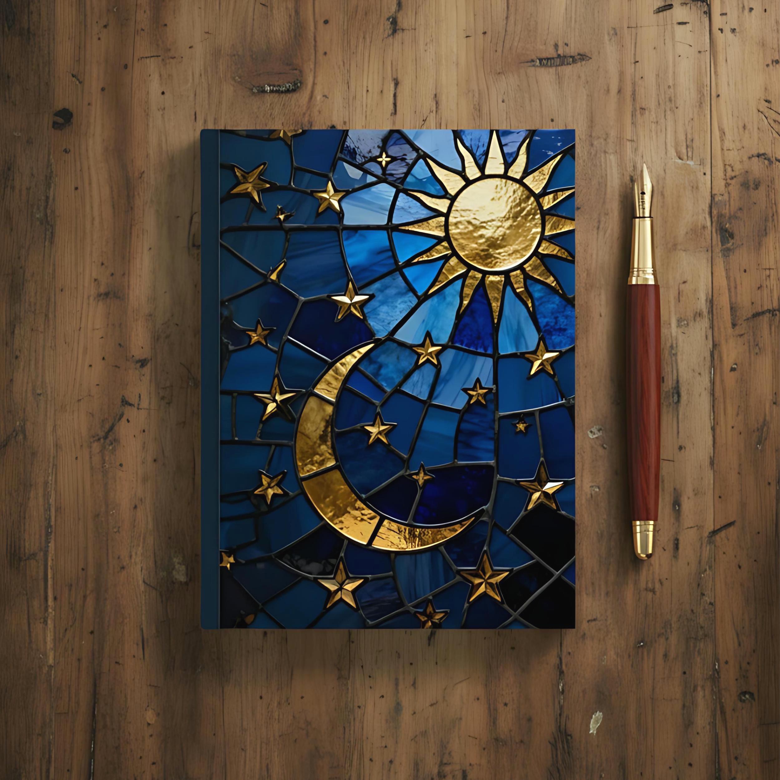 Celestial Sun and Moon Journal, Blue Stained Glass Notebook, Lunar ...
