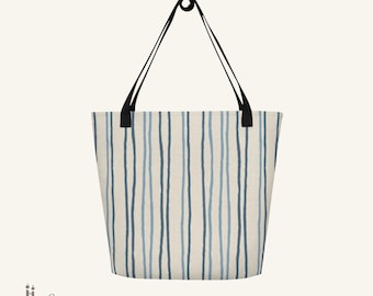 Draagtas met kuststreep, blauwe crèmekleurige strandtas, minimalistische reistas, moderne draagtas kust met zak