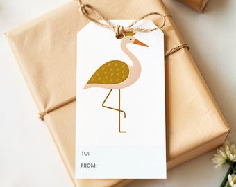 Whimsical Stork Gift Tags: Crane Art, Baby Shower Favors
