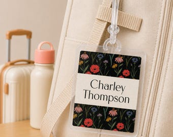 Etiqueta personalizada para mochila, equipaje, bolso de pañales. Etiqueta floral laminada personalizada para niña, ideal para la vuelta al cole, guardería, baile y viajes.
