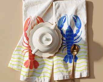 Cotton Tea Towel: Beach Lobster Print, Coastal Kitchen Decor