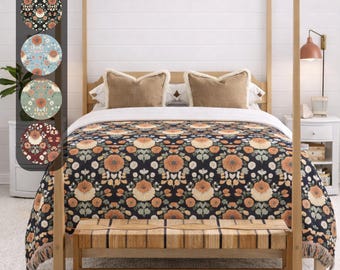 Woven Floral Throw Blanket, Dark Cottagecore Tapestry, Fringed Cotton