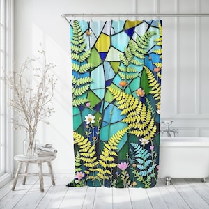 Stained Glass Shower Curtain: Botanical Ferns, Tropical Bath Decor