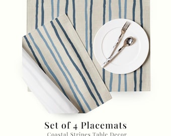Placemats met kuststreep, set van 4, blauwe onvolmaakte gestreepte placemats, modern decor aan de kust, waterbestendige keukenplacematset